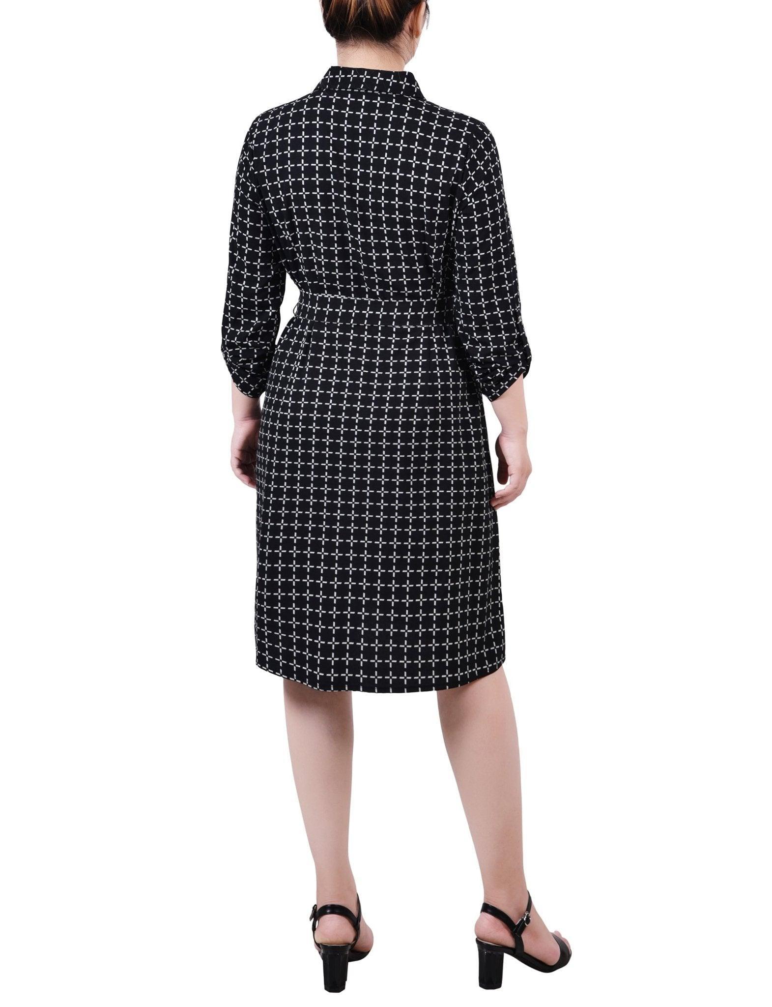 Cypress Inca Gold Navy Zigzag 3/4 Roll Tab Sleeve Belted Shirtdress - Petite Product Image