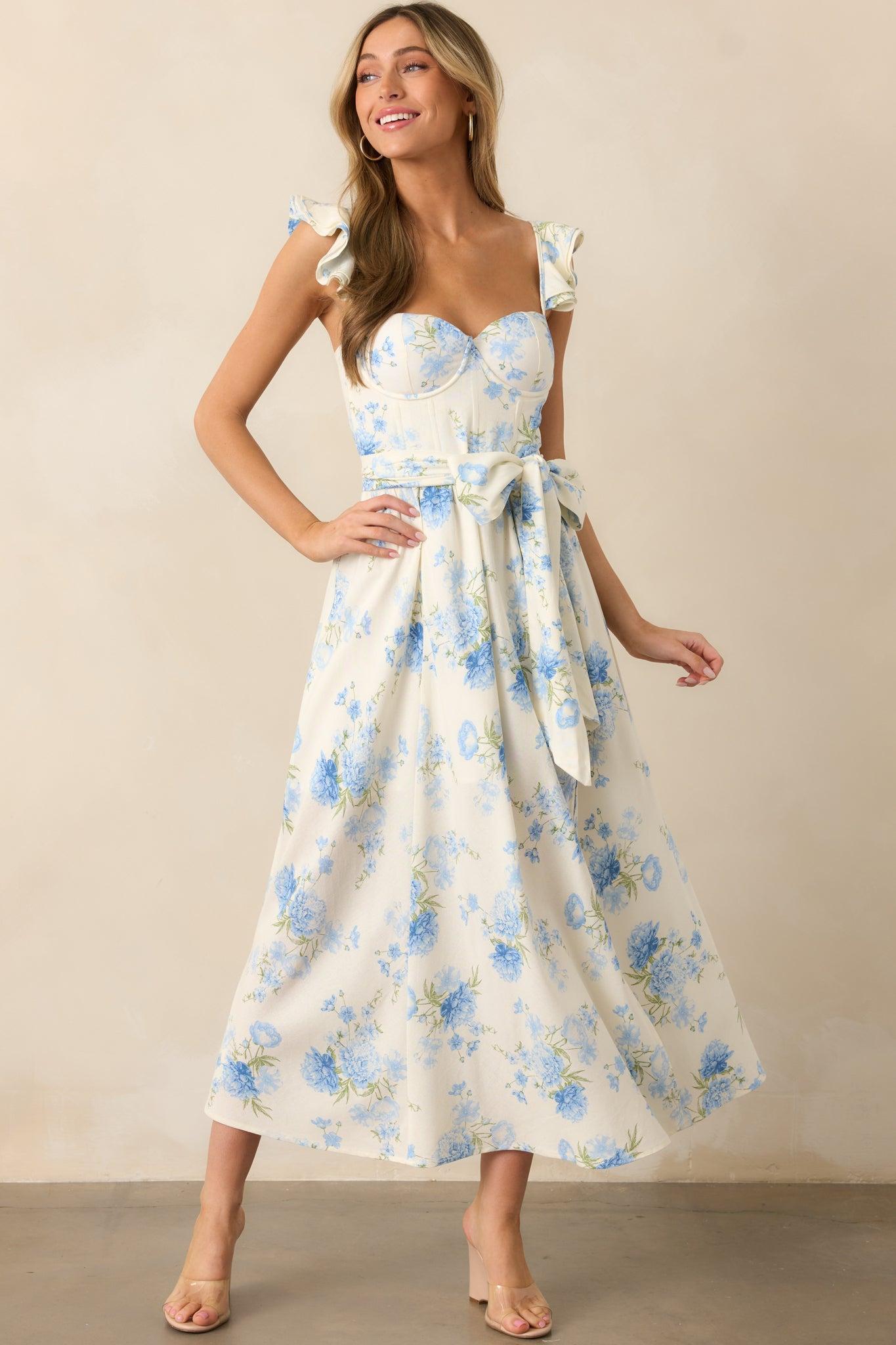 Porcelain Bloom Ivory Floral Bustier Midi Dress Product Image