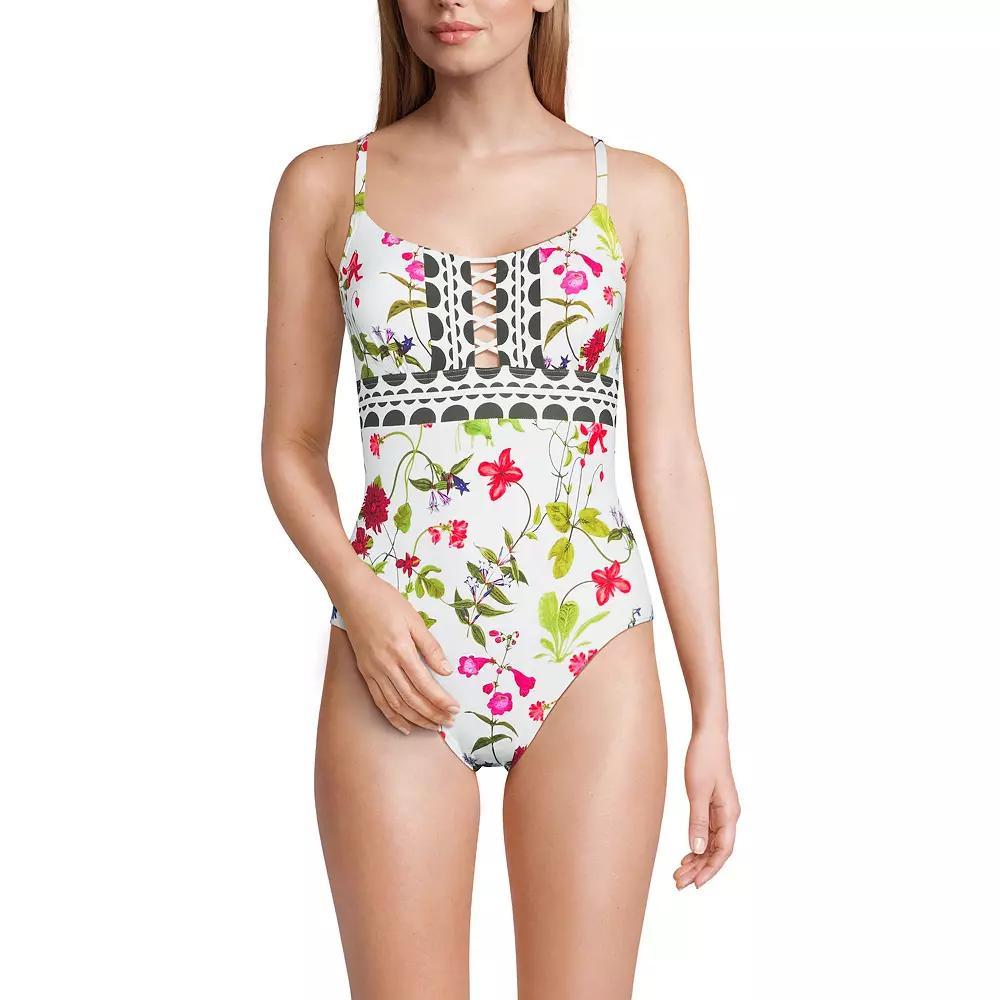 Women's Lands' End Front Lace-Up Scoopneck One-Piece Swimsuit, Size: 4, White Garden Floral Product Image