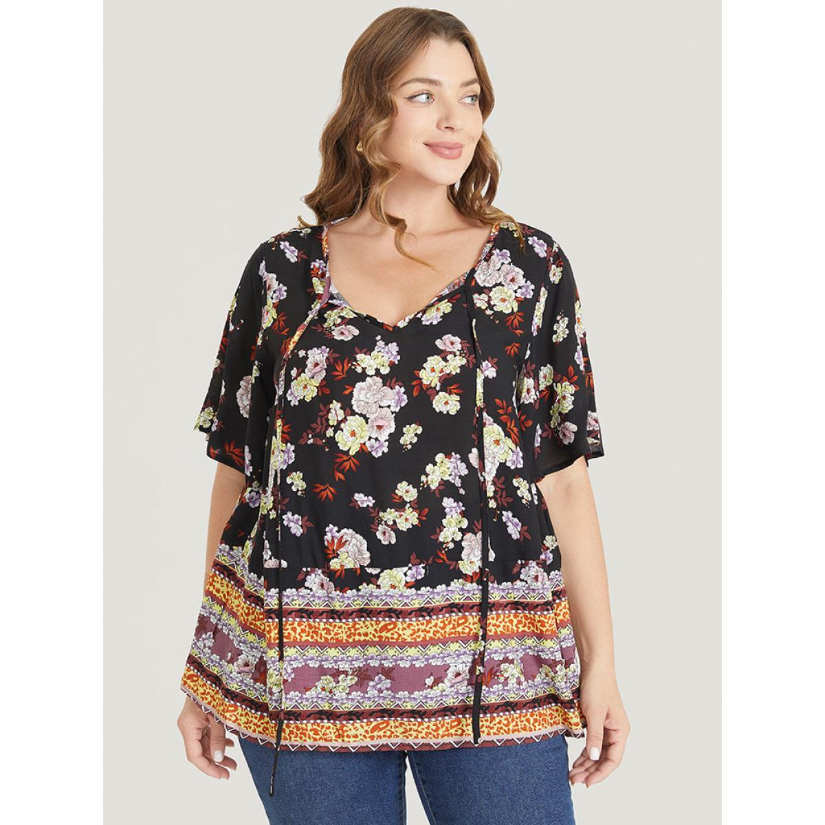 Plus Size BlackFlower Bandana Flutter Sleeve Tie Neck Cut Out Blouse Women Vacation Short sleeve V-neck Dailywear Blouses BloomChic 22-24/3X Product Image