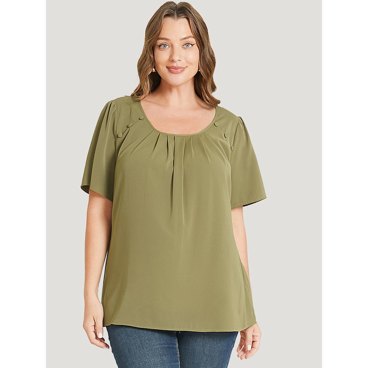 Plus Size SpringGreen Solid Pleated Button Detail Blouse Women Office Short sleeve Round Neck Work Blouses BloomChic 30/6X Product Image