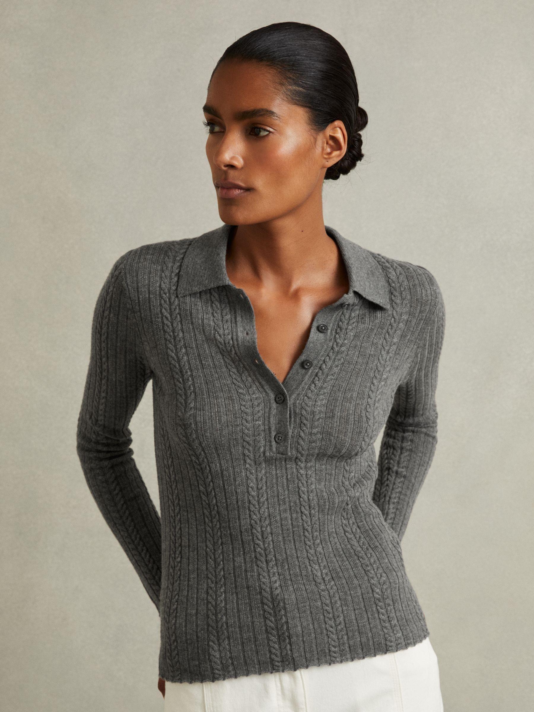 Wool Cable Knit Polo Neck Jumper in Charcoal Product Image