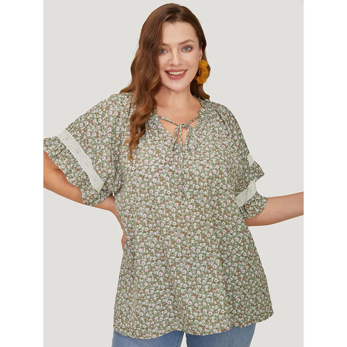 Plus Size Sage Ditsy Floral Frill Trim Lace Ruffle Sleeve Tie Neck Blouse Women Elegant Short sleeve Tie Neck Dailywear Blouses BloomChic 26/4X Product Image