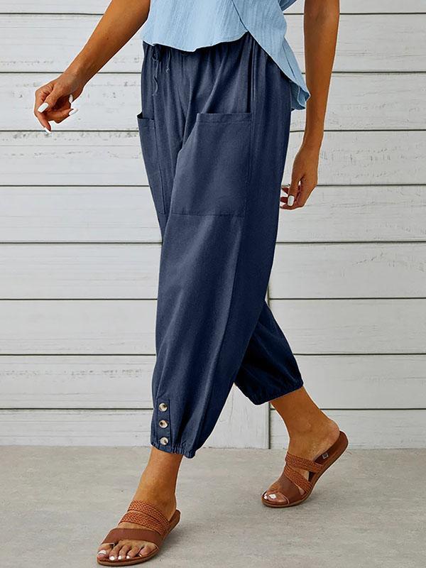 High Waisted Loose Buttoned Drawstring Elasticity Pockets Split-Joint Ninth Pants Trousers Product Image