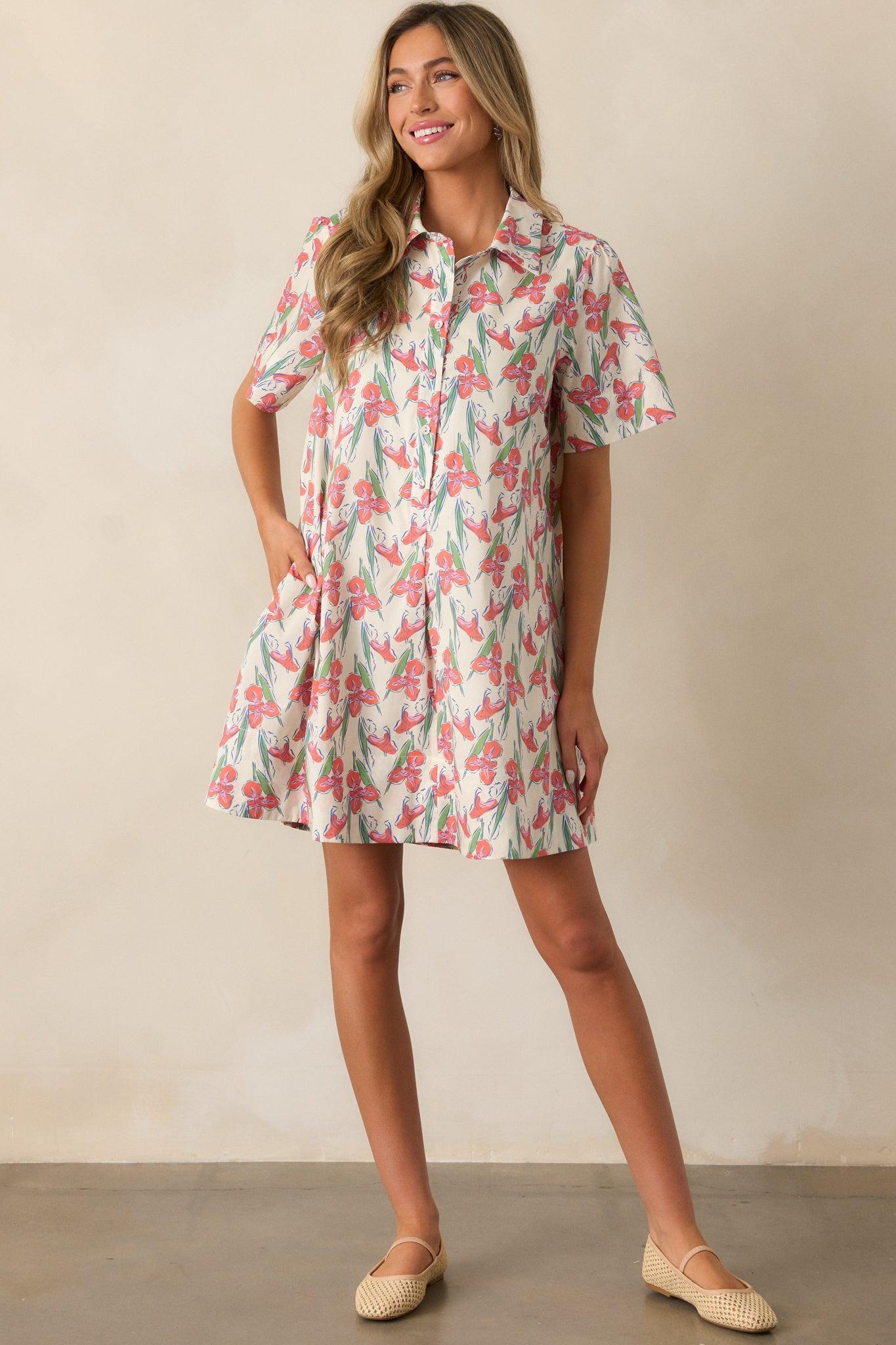 Oasis Of Calm Cotton Orange Floral Mini Dress Product Image