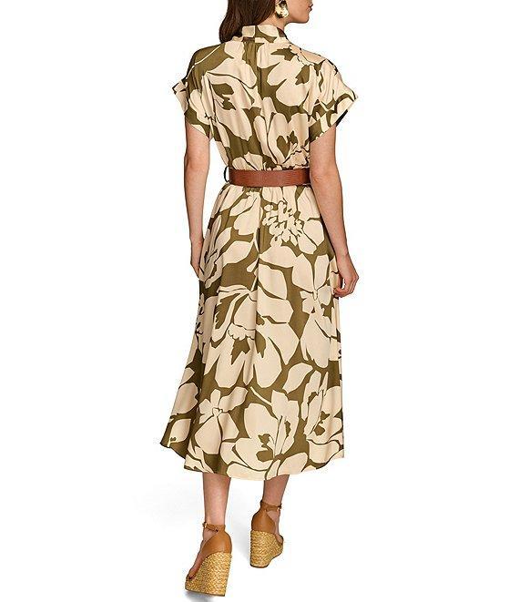 Donna Karan V-Neck Short Sleeve Belted Floral Midi Dress Product Image