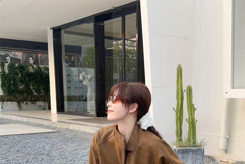 Faux Leather Zip-Up Jacket / High Waist Plaid Maxi A-Line Skirt Product Image
