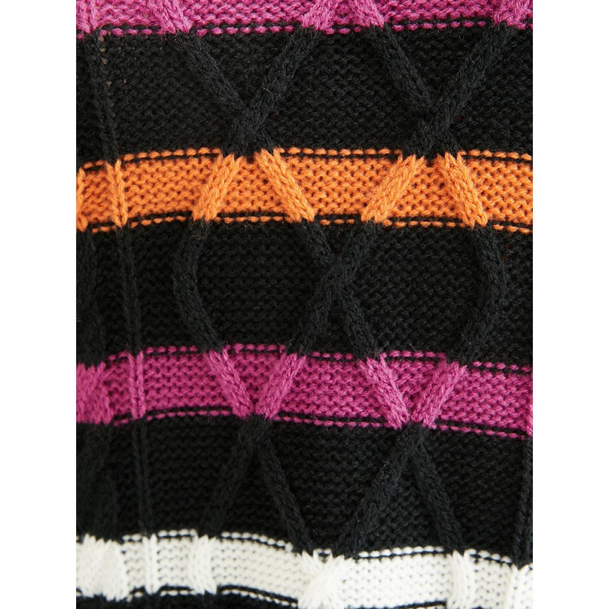 Plus Size Striped Contrast Pointelle Knit Geometric Jacquard Knit Top Black Women Casual Long Sleeve V-neck Dailywear Pullovers BloomChic 30/6X Product Image