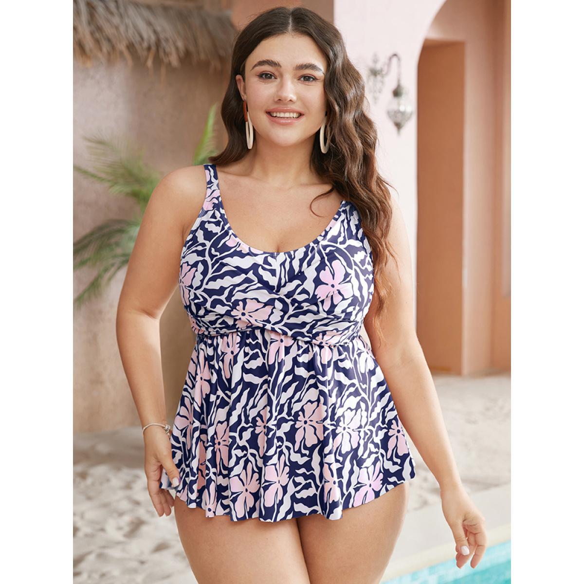Plus Size Floral Crossover Front Flutter Scoop Neck Tankini Top Women's Swimwear Indigo Vacation Adjustable Straps High stretch Bodycon Curve Swim Tops BloomChic 14-16/1X Product Image