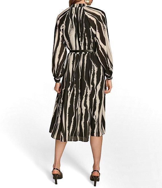 Donna Karan Printed Chiffon V-Neck Blouson Sleeve Belted A-Line Dress Product Image