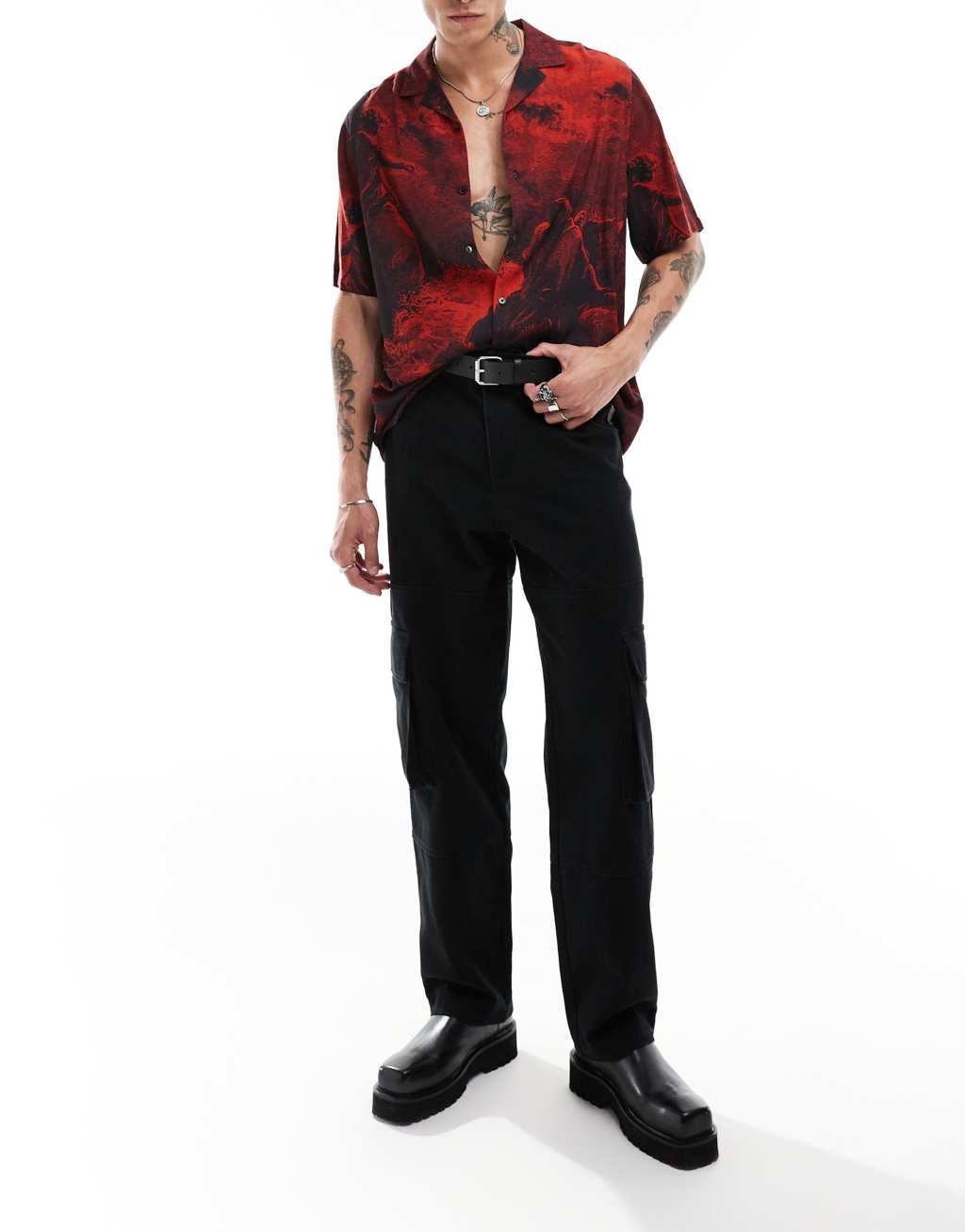 ASOS DESIGN relaxed revere shirt with halloween print in red  Product Image