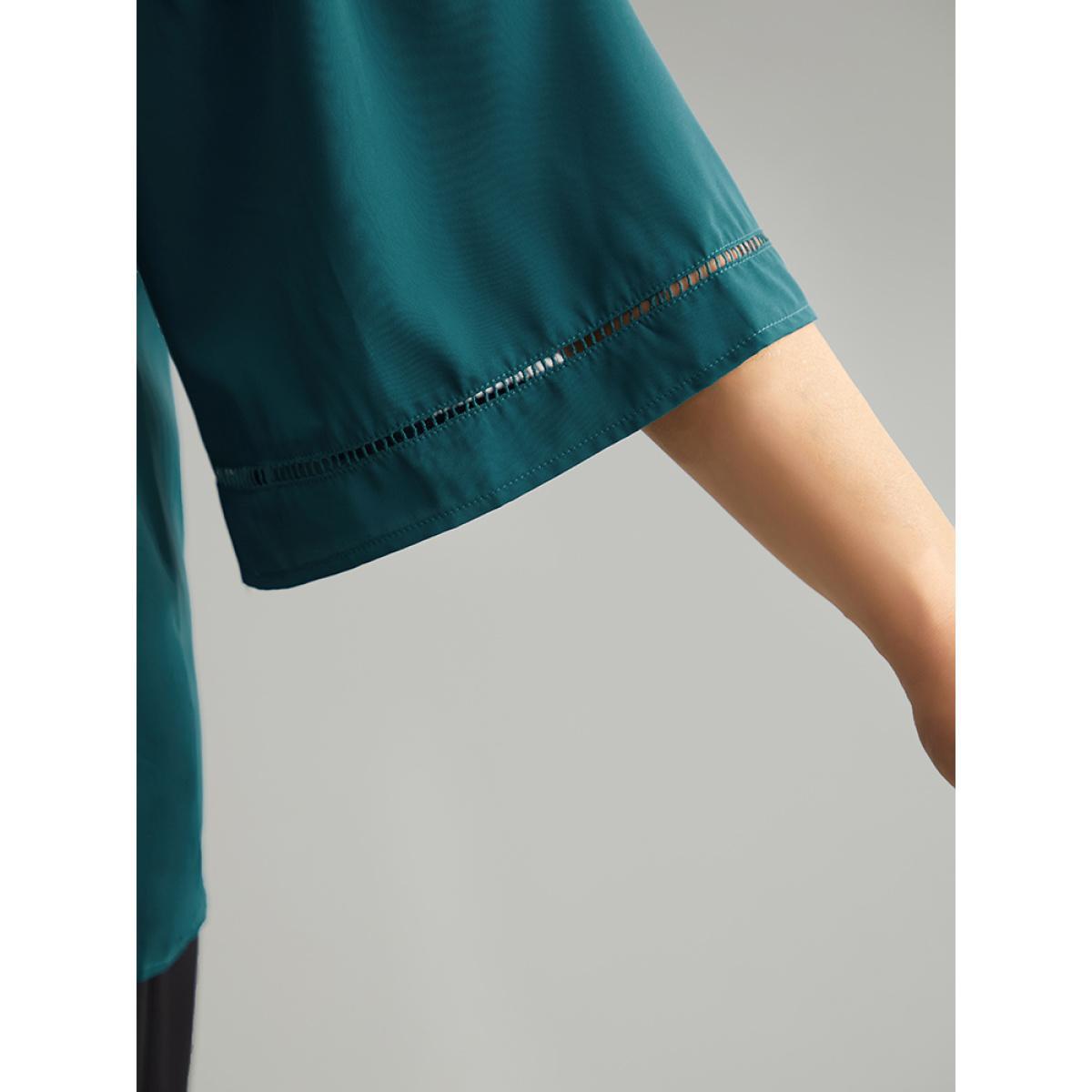 Plus Size Cyan Anti-Wrinkle Pleated Detail Flounce Sleeve Blouse Women Office Half Sleeve Round Neck Work Blouses BloomChic 30/6X Product Image