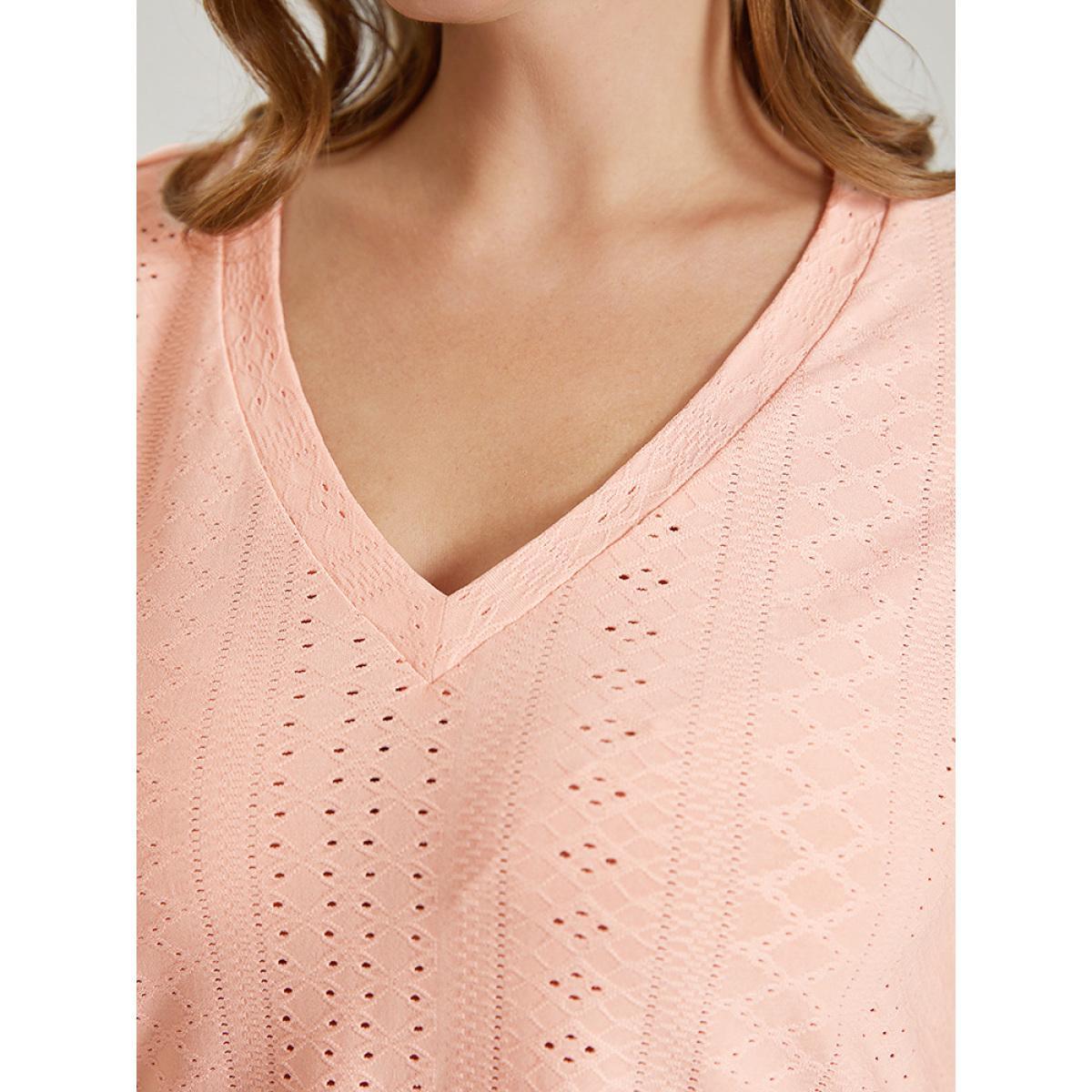 Plus Size Solid Broderie Anglaise Split Sleeve T-shirt MistyRose Women Elegant Slit Plain V-neck Dailywear T-shirts BloomChic 30/6X Product Image