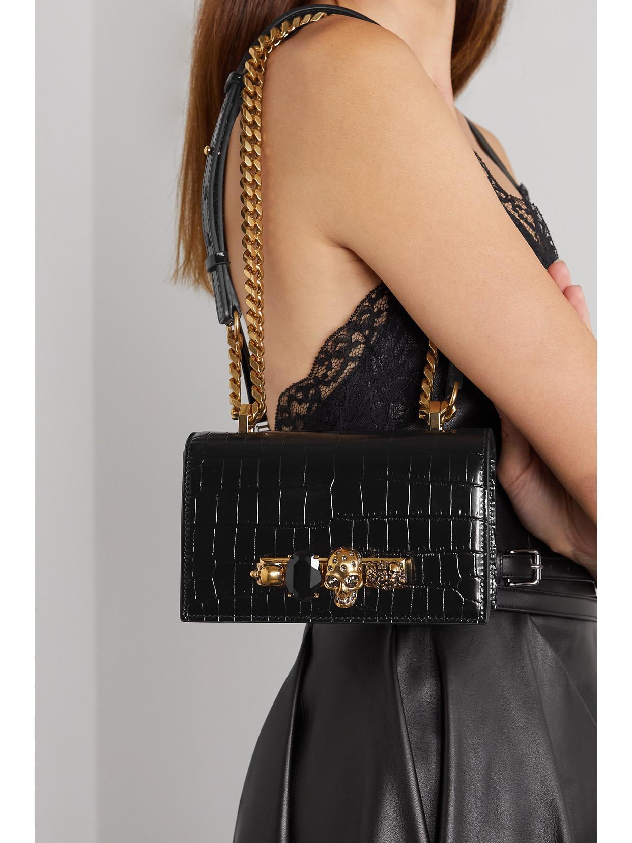 ALEXANDER MCQUEEN Jewelled Satchel Embellished Croc-effect Leather Shoulder Bag In Black Product Image
