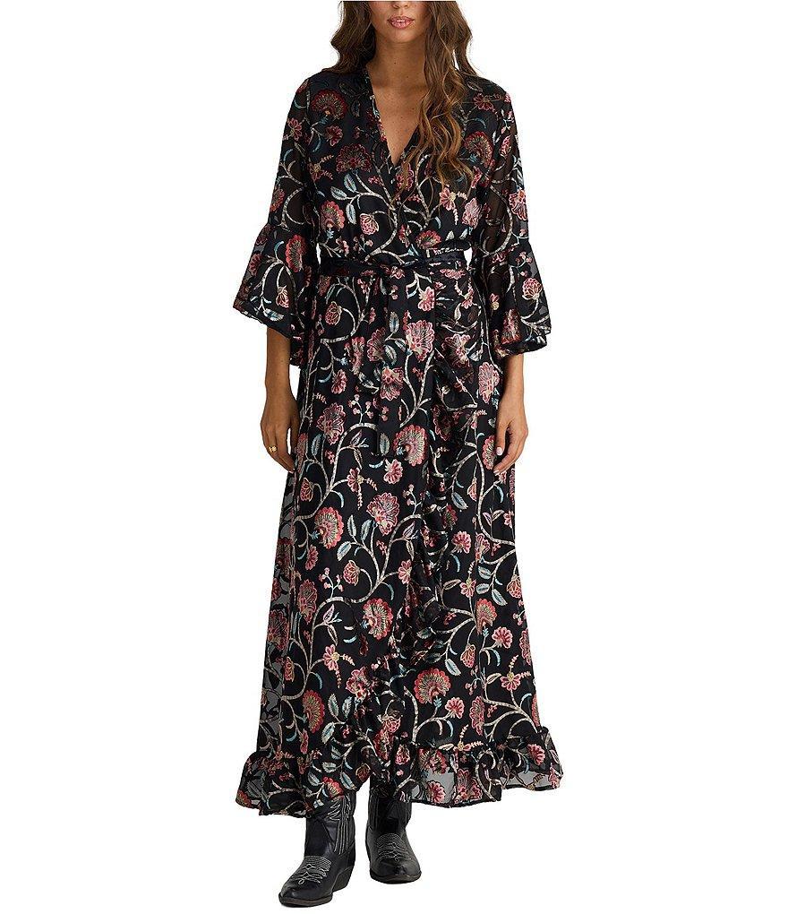 Talisman Carly Floral Velvet V-Neck 3/4 Fluted Sleeve Wrap Midi Dress Product Image