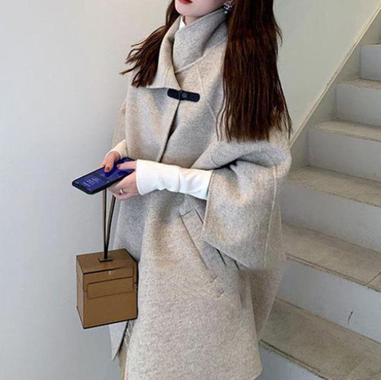 Stand Collar Plain Single Button Long Coat Product Image