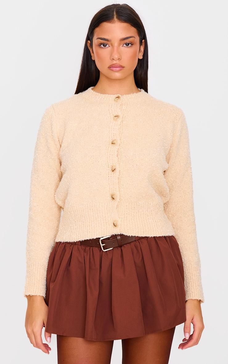 Oatmeal Textured Bobble Knit Button Up Cardigan Product Image