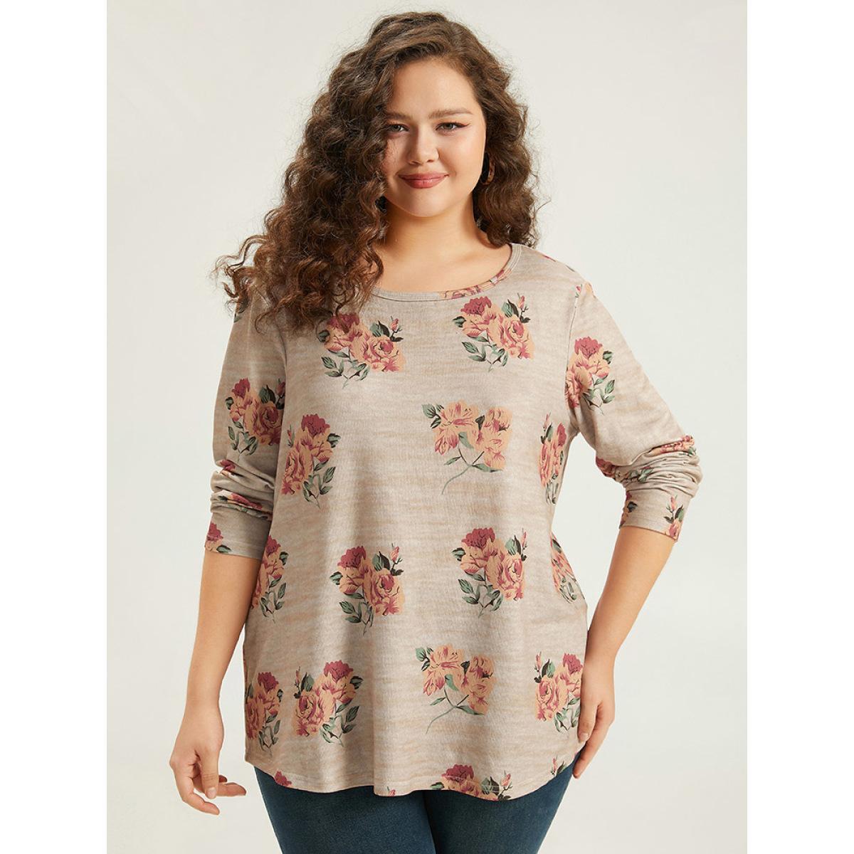 Plus Size Floral Print Crew Neck Heather T-shirt Tan Women Casual Printed Floral Round Neck Dailywear T-shirts BloomChic 10/M Product Image