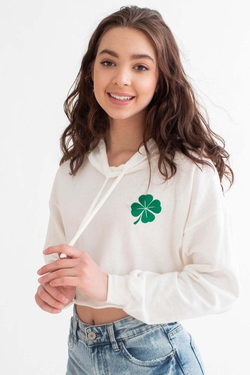 White Shamrock Cropped Hoodie Product Image