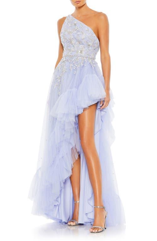 Mac Duggal Embellished One Shoulder Sleeveless Ruffle Hem Open Back Detail Asymmetrical Gown Product Image