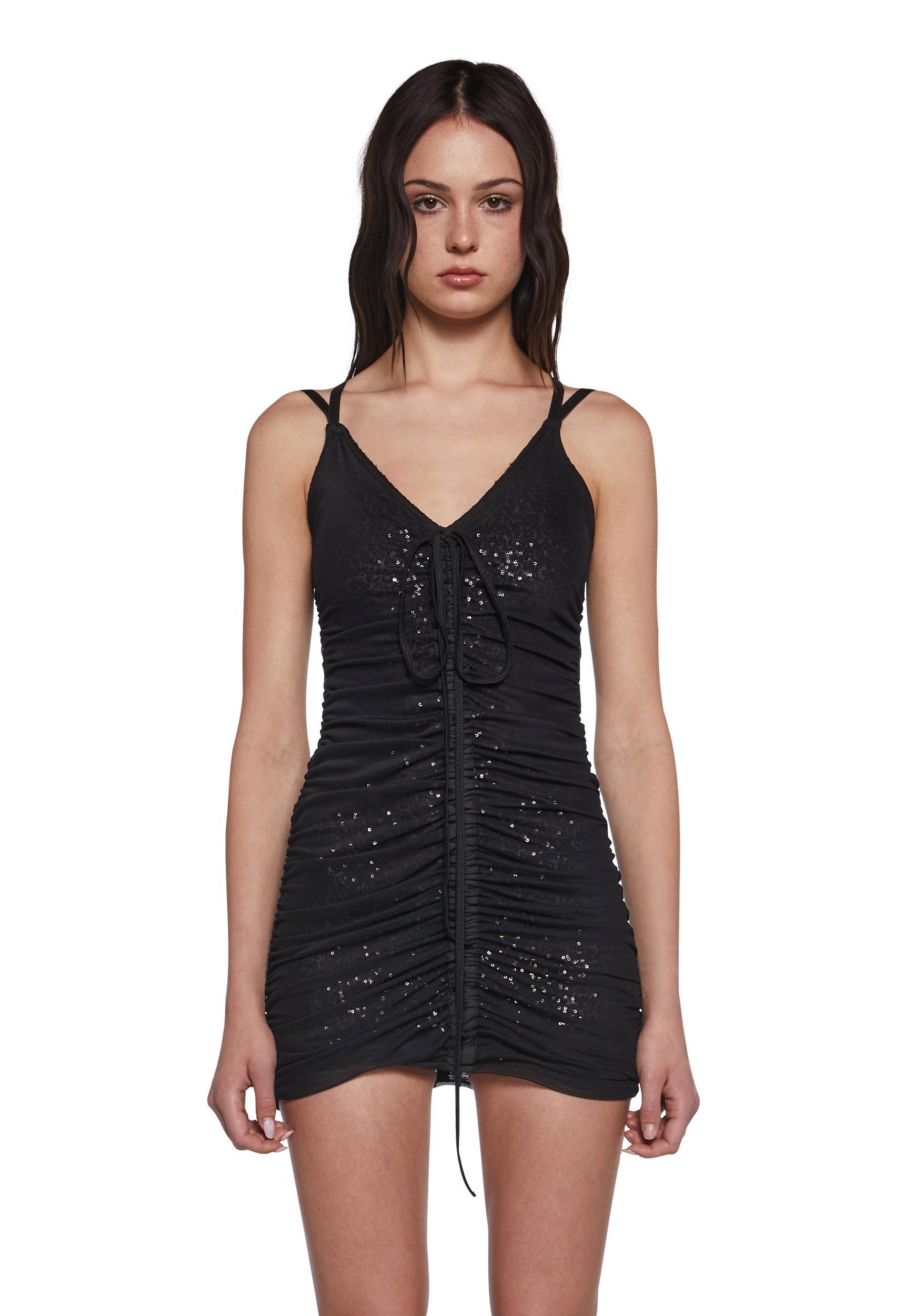 Stretchy Mesh Sequin Ruched Crisscross Strap Mini Dress Poster Grl - Black Product Image