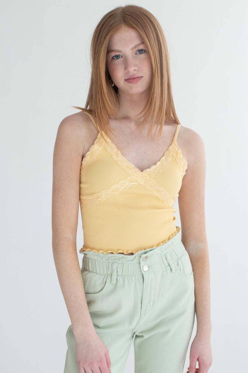 Banana Yellow Seamless Lace Trim Crop Cami Product Image