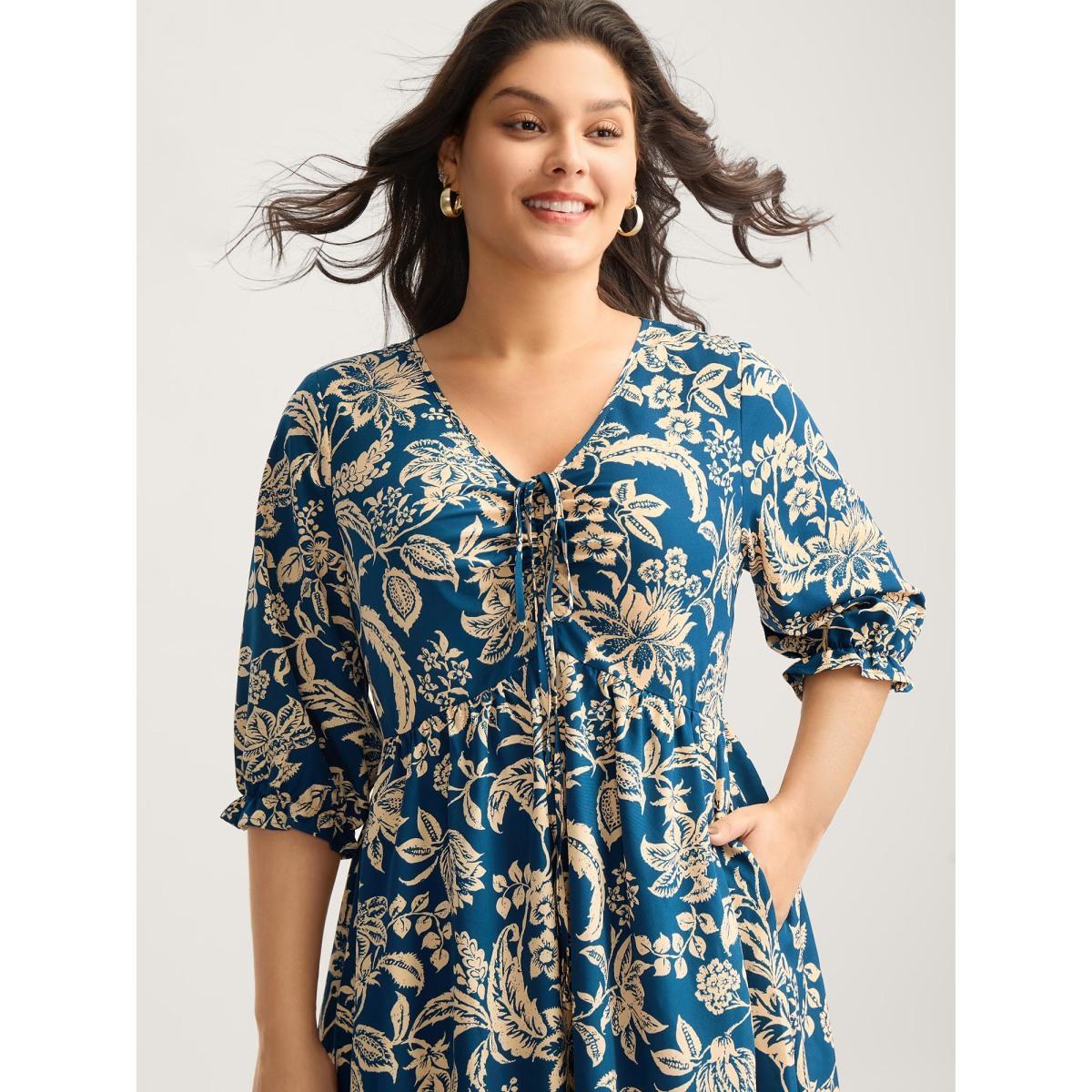 Plus Size Boho Floral Drawstring Pockets Midi Dress Mediumblue Women V-neck Elbow-length sleeve Curvy BloomChic 12/L Product Image