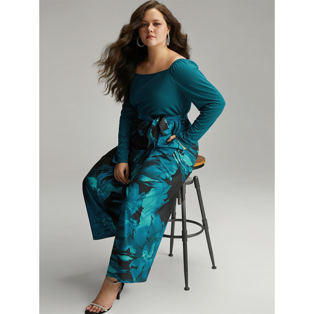 Plus Size Teal Floral Square Neck Gathered Belted Jumpsuit Women Glamour Long Sleeve Square Neck Going out Loose Jumpsuits BloomChic 22-24/3X Product Image