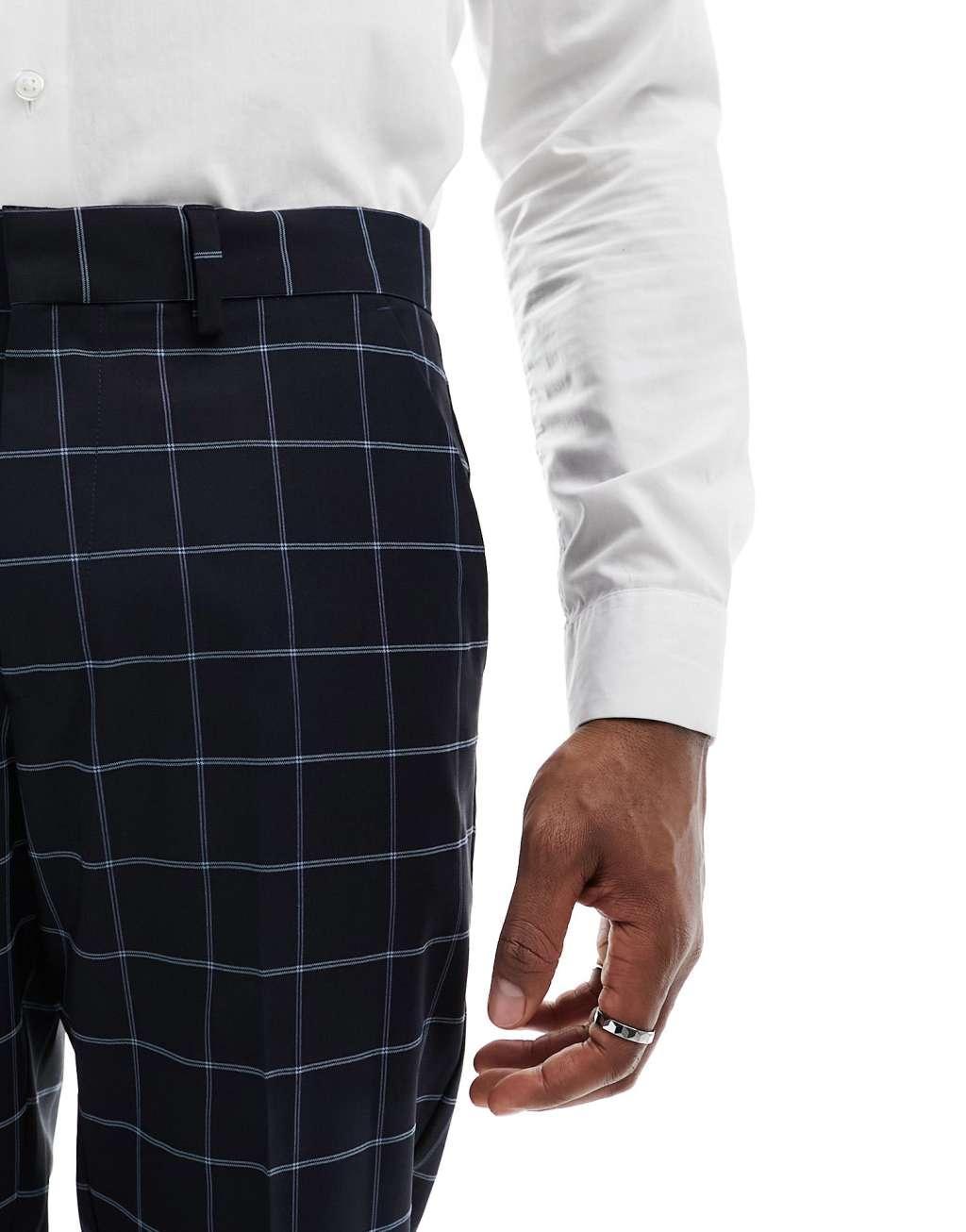 ASOS DESIGN skinny windowpane check suit pants in navy Product Image