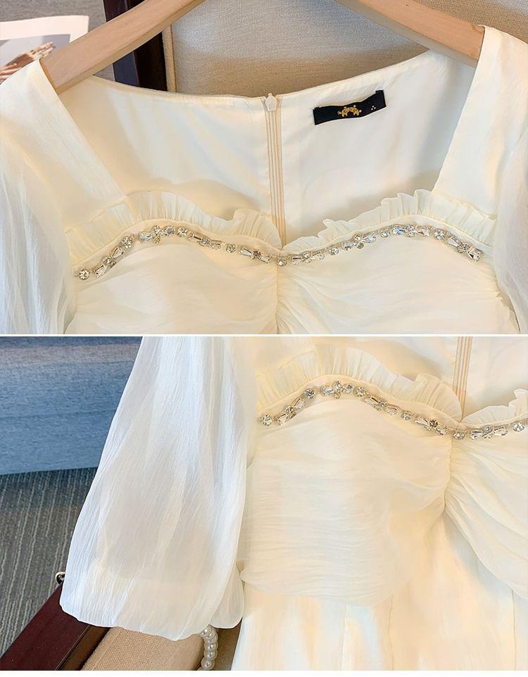 Short-Sleeve Plain Rhinestone Accent Frill Trim Midi A-Line Dress Product Image