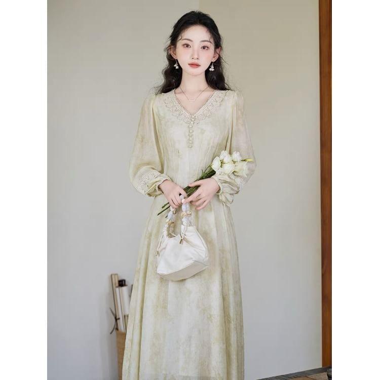 Long-Sleeve V-Neck Tie Dye Lace Panel Midi A-Line Dress Product Image