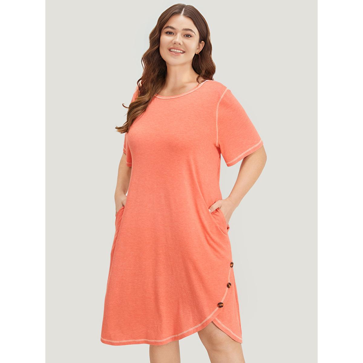 Plus Size Supersoft Essentials Stitch Button Detail Overlap Hem Dress Coral Women Casual Wrap Round Neck Short sleeve Curvy Knee Dress BloomChic 30/6X Product Image