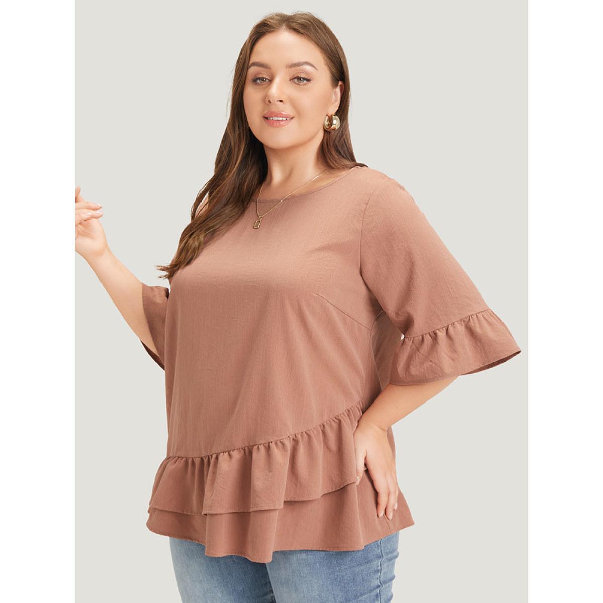 Plus Size Rouge Solid Bell Sleeve Ruffle Layered Blouse Women Elegant Half Sleeve Round Neck Dailywear Blouses BloomChic 26/4X Product Image