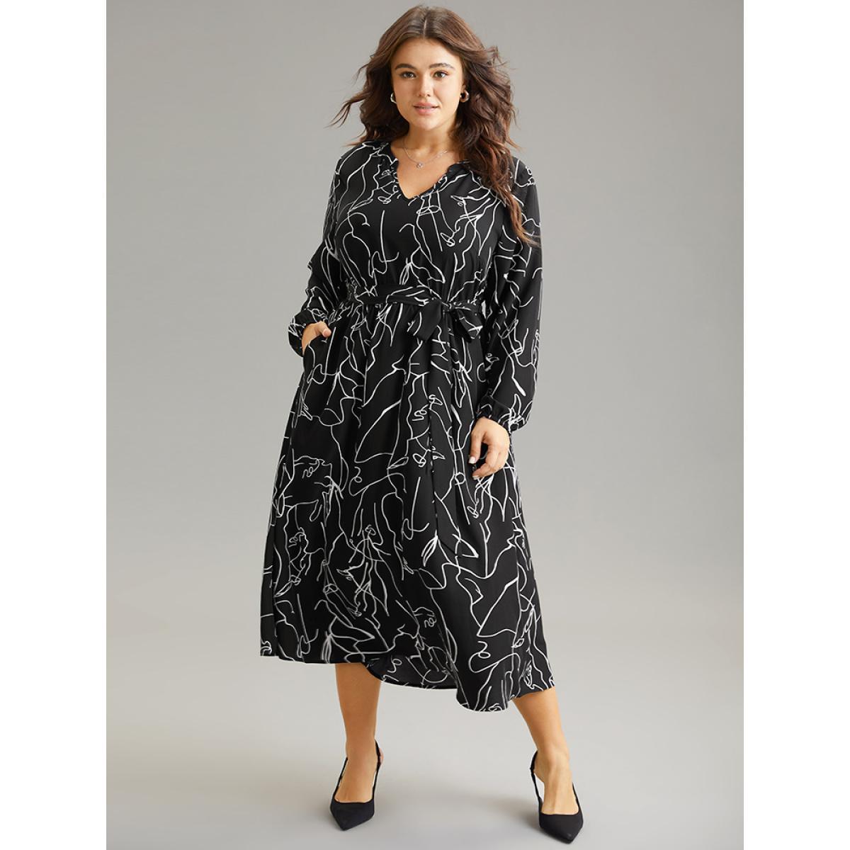 Plus Size Geometric Print Pocket Notched Belted Dress Black Women Elegant Elastic cuffs Notched collar Long Sleeve Curvy Midi Dress BloomChic 30/6X Product Image