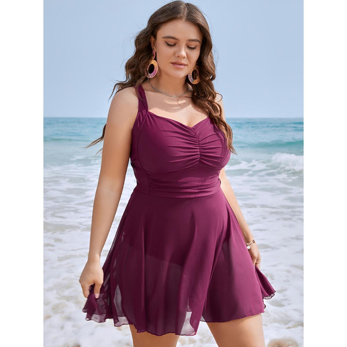Plus Size Knotted Crossover Ruched Front Ruffles Swim Dress Women's Swimwear Purple Vacation Bodycon Spaghetti Strap High stretch Curve Swim Dresses BloomChic 14-16/1X Product Image