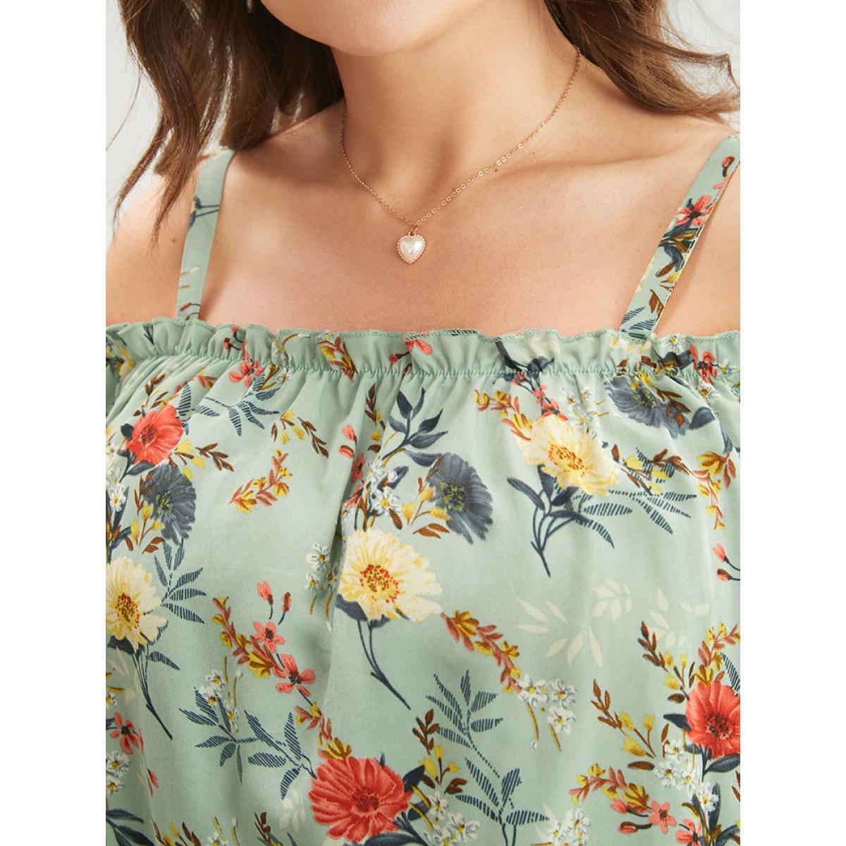 Plus Size Mint Floral Print Lace Insert Ruffles Cold Shoulder Blouse Women Elegant Short sleeve Cold Shoulder Dailywear Blouses BloomChic 28/5X Product Image