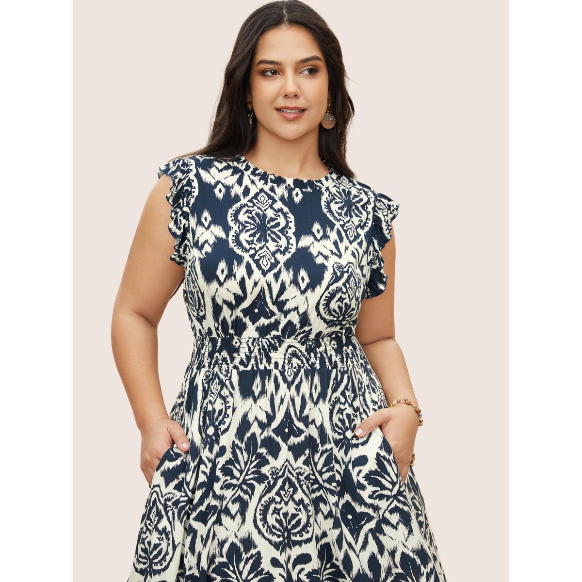 Plus Size Boho Print Mock Neck Shirred Ruffle Cap Sleeve Dress Navy Women Resort Shirred Mock Neck Cap Sleeve Curvy Midi Dress BloomChic 14-16/1X Product Image