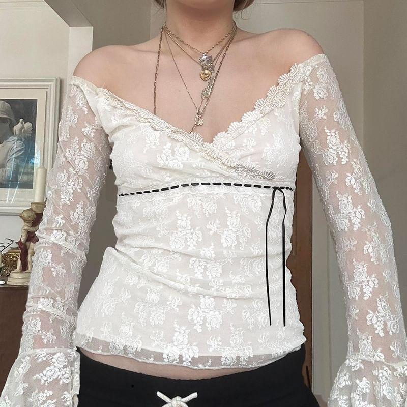 Bell Sleeve V-Neck Floral Embroidered Lace Panel See-Through Slim-Fit Top Product Image