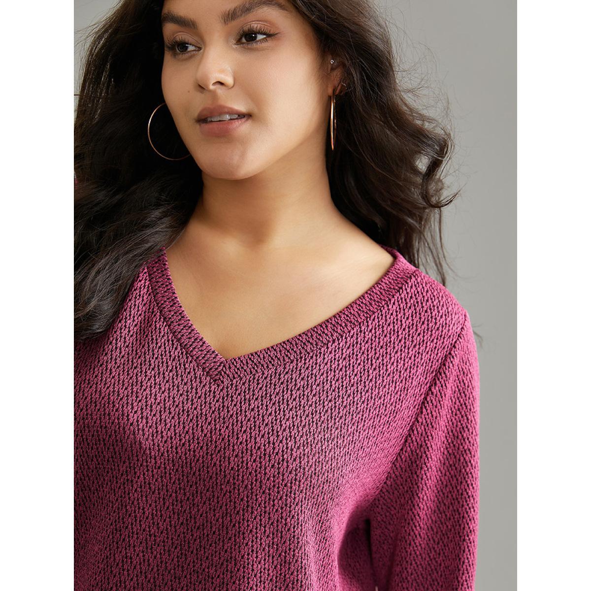 Plus Size Solid Plisse Elastic Cuffs V Neck Sweatshirt Women RedViolet Casual Texture V-neck Dailywear Sweatshirts BloomChic 26/4X Product Image