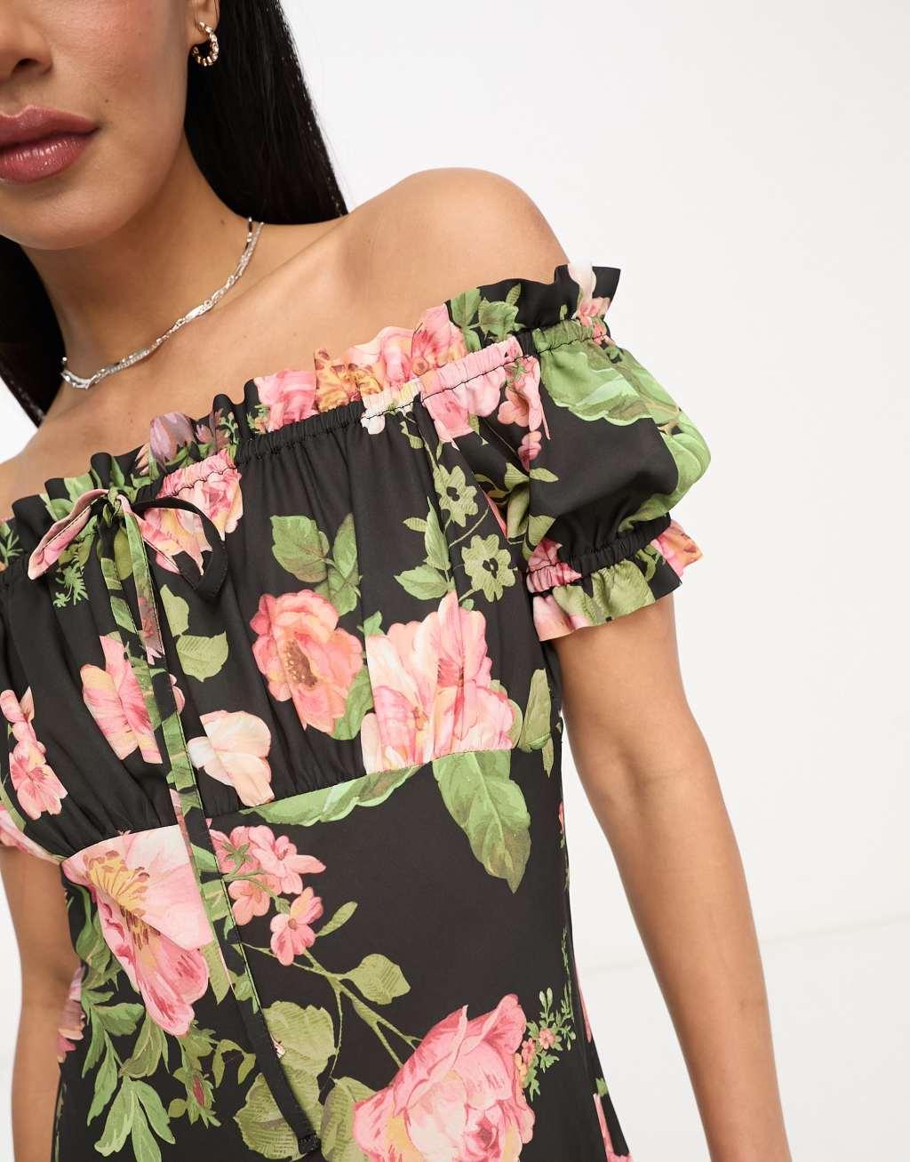 ASOS DESIGN milkmaid bardot midi dress with tie front neck Product Image