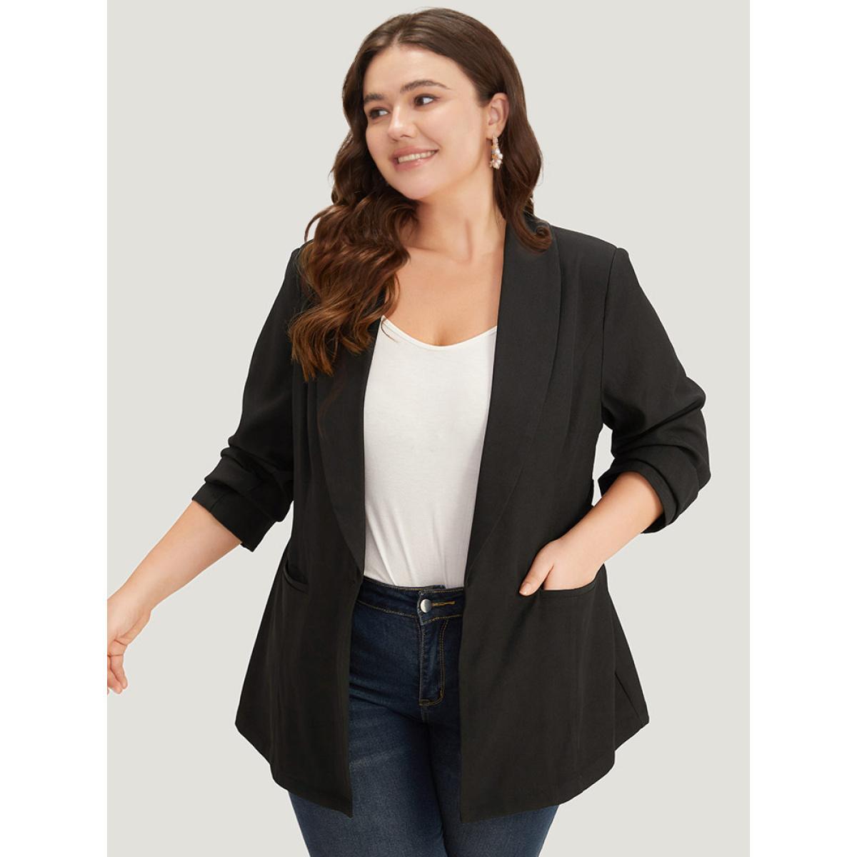 Plus Size Plain Ties Pocket Belted Lapel Collar Blazer Black Women Work Plain Plain Sleeve Long Sleeve Lapel Collar 14-16/1X Pocket Belt Workwear Essentials Blazers BloomChic Product Image