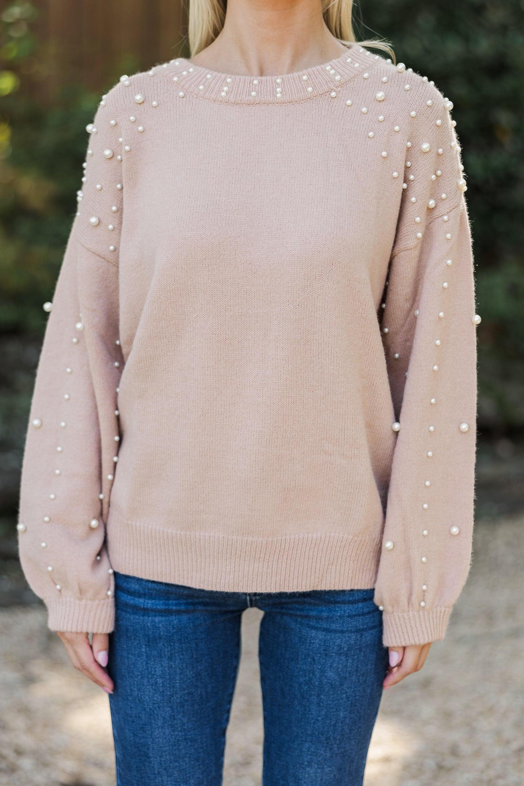 Can't Help But Love Latte Brown Pearl Studded Sweater Female Product Image