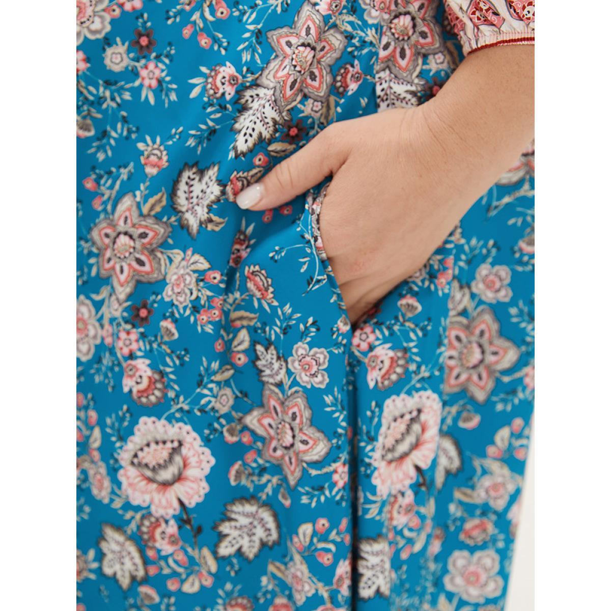 Plus Size Floral Print Notched Lantern Sleeve Contrast Dress Teal Women Vacation Elastic cuffs Notched collar Long Sleeve Curvy Midi Dress BloomChic 28/5X Product Image