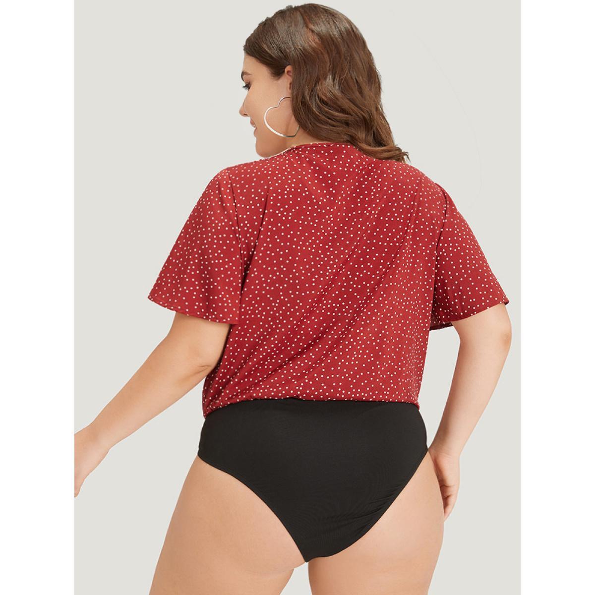 Plus Size Polka Dot Elastic Waist Plicated Detail Ruffle Sleeve Bodysuit Women Red Polka Dot Pleated Bodysuits BloomChic 22-24/3X Product Image