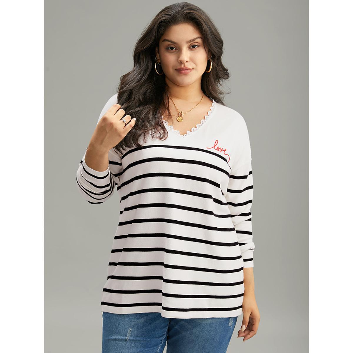 Plus Size Supersoft Essentials Striped Letter Embroidered Lace Panel Pullover Beige Women Casual Loose Long Sleeve V-neck Dailywear Pullovers BloomChic 30/6X Product Image