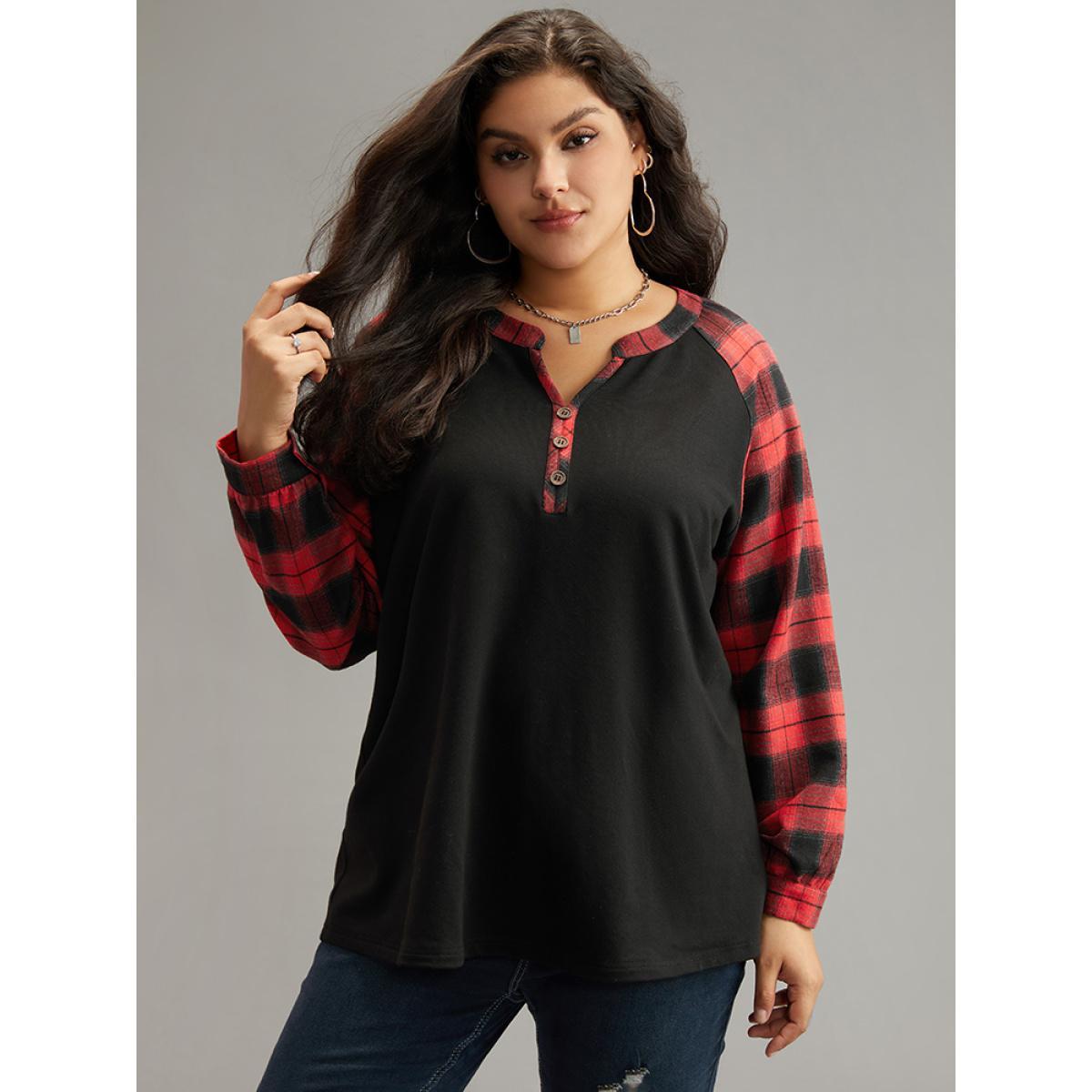 Plus Size Plaid Patchwork Notched Button Detail Sweatshirt Women Red Casual Patchwork Notched collar Everyday Sweatshirts BloomChic 22-24/3X Product Image