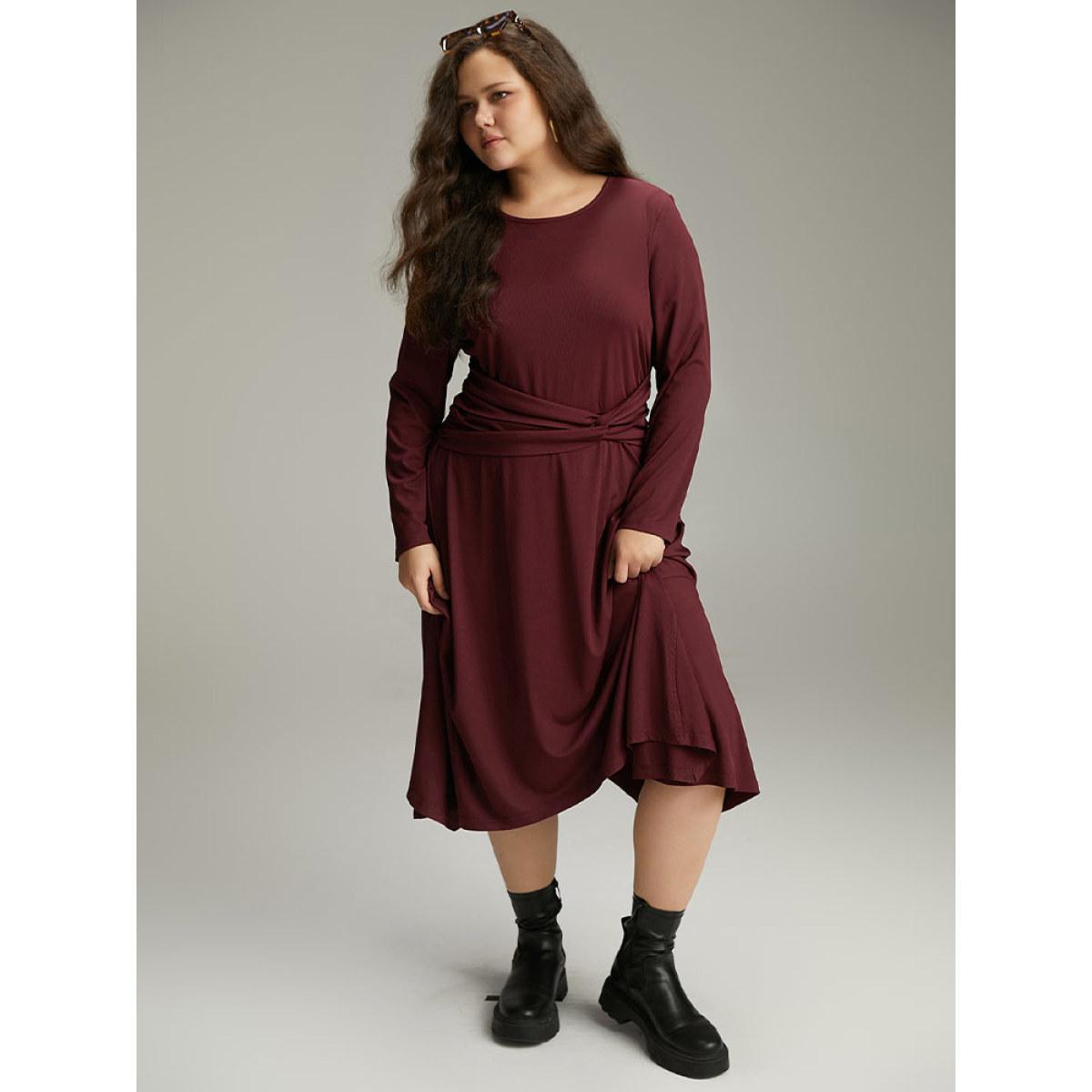 Plus Size Solid Rib Knit Crew Neck Twist Front Dress Burgundy Women Casual Plain Round Neck Long Sleeve Curvy Midi Dress BloomChic 18-20/2X Product Image