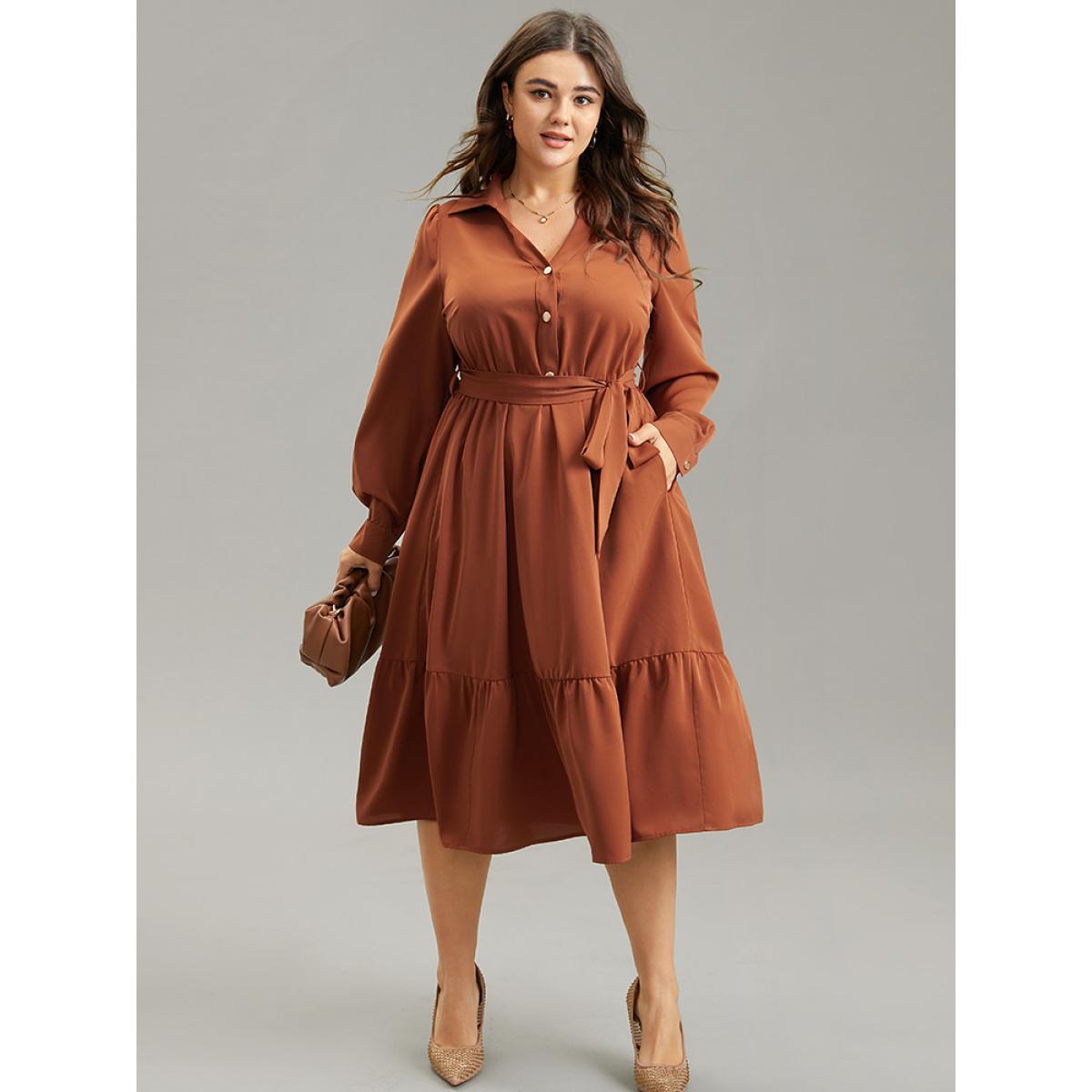 Plus Size Anti-Wrinkle Patchwork Button Up Belted Dress Rust Women Office Plain Lapel Collar Long Sleeve Curvy Midi Dress BloomChic 10/M Product Image