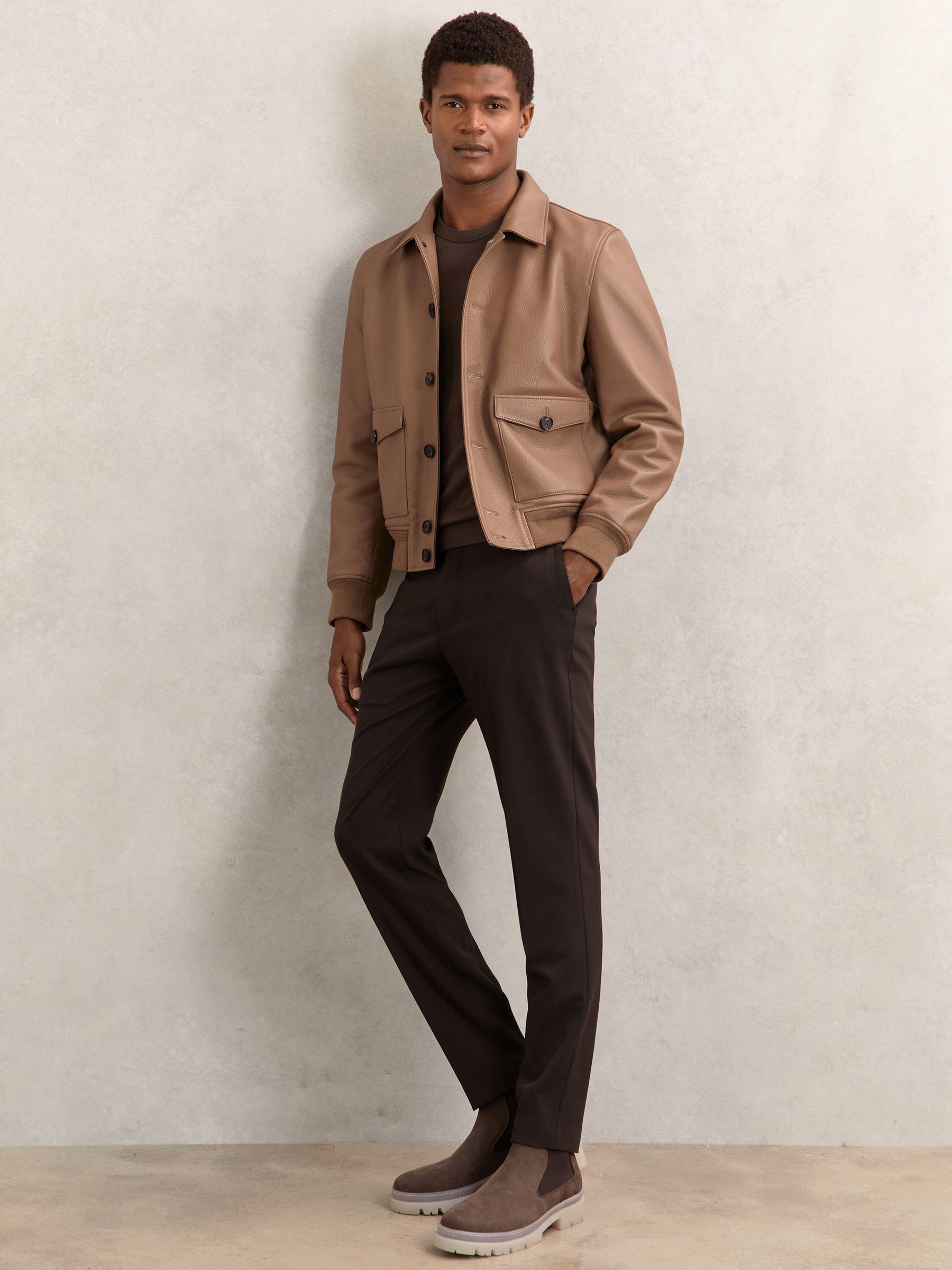 Tumbled-Leather Harrington Jacket in Tan Brown Product Image