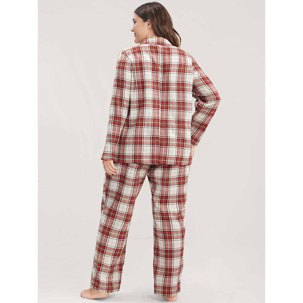 Plus Size Plaid Lapel Collar Button Up Pajama Set Women Scarlet Plaid Elastic Waist Long Sleeve Lapel Collar Casual Loungewear Sets BloomChic 12/L Product Image
